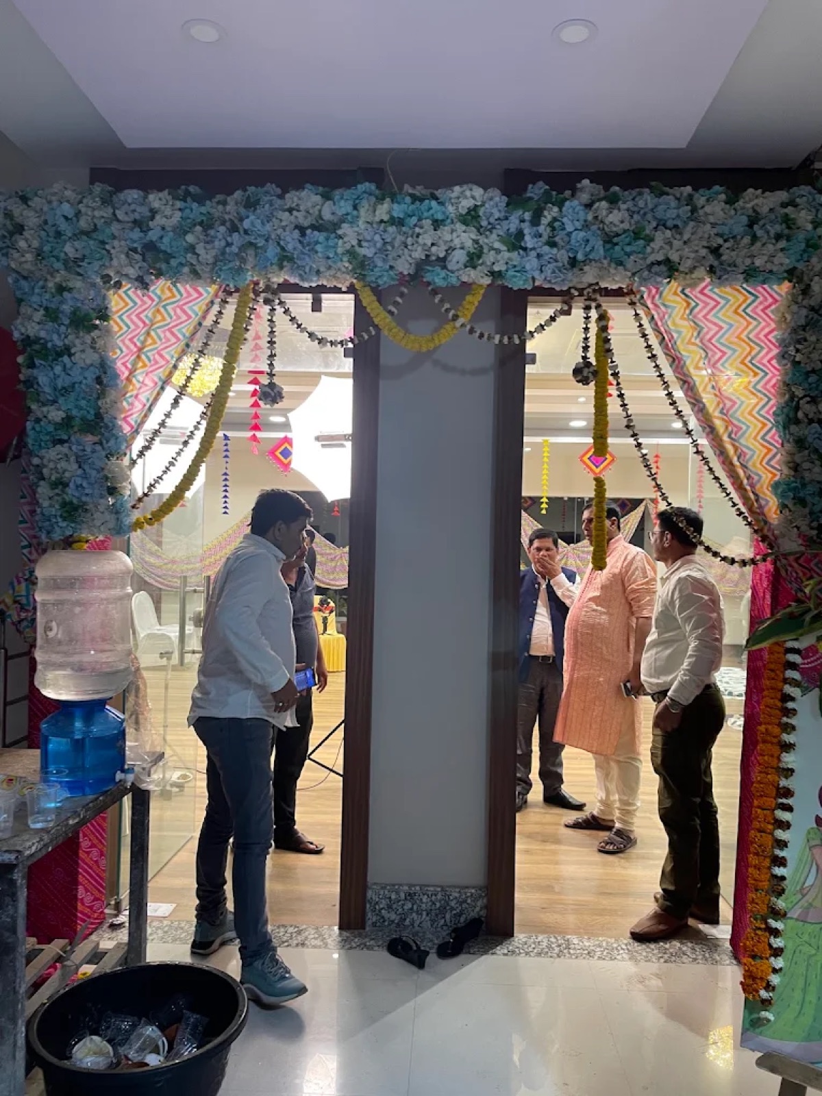Floral decorated entrance to a function hall at Shri Nath Palace, Deoghar