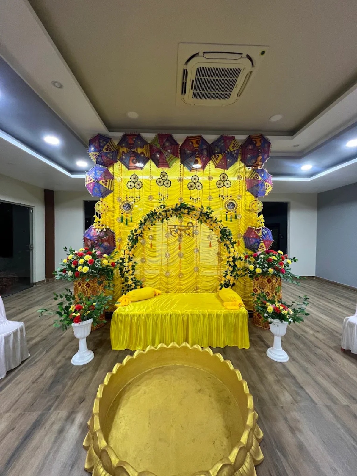 Yellow haldi ceremony stage decoration at Shri Nath Palace, Deoghar