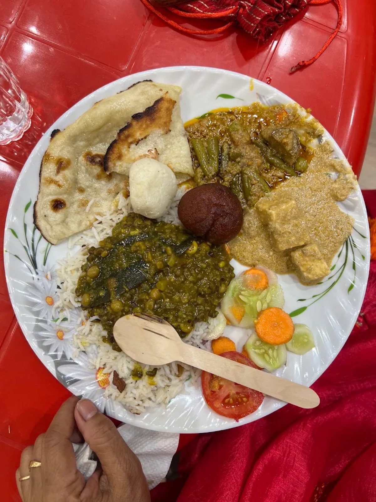 Pure-veg thali with dal, paneer, rice, roti and sweets at Shri Nath Palace, Deoghar